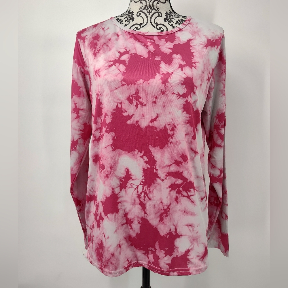Real Essentials Fuchsia and White Tie-Dye Long Sleeve Dry Fit Tee Women's Medium